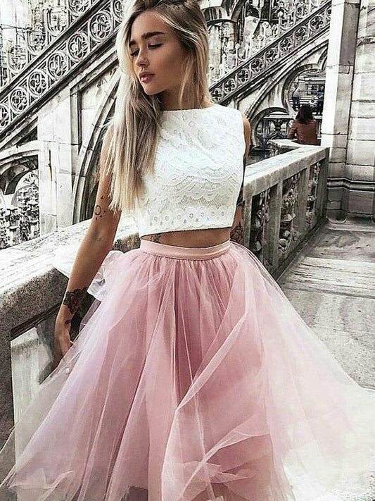 A-Line/Princess Tulle Bateau Aileen Homecoming Dresses Lace Sleeveless Knee-Length Two Piece Dresses