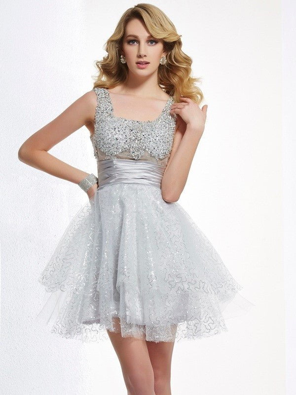 Sleeveless A-Line/Princess Elastic Woven Short Straps Beading Satin Homecoming Dresses