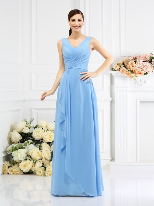 V-neck Long Beading Sheath/Column Sleeveless Chiffon Bridesmaid Dresses