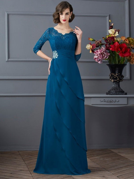 V-neck Chiffon Mother 3/4 of Sleeves A-Line/Princess Long the Bride Dresses