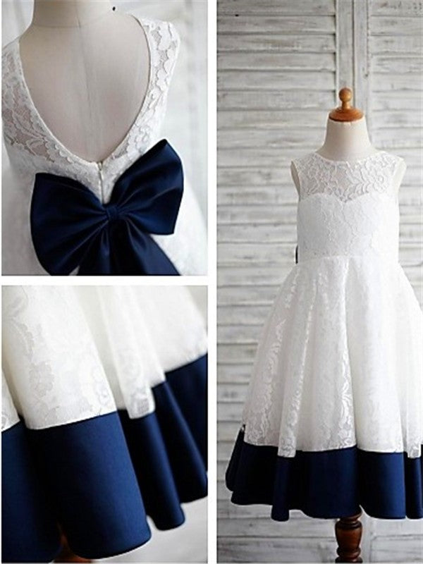 A-line/Princess Lace Sleeveless Bowknot Scoop Tea-Length Flower Girl Dresses