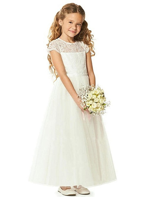 Ankle-Length Sleeves Lace Scoop Short Tulle A-Line/Princess Flower Girl Dresses