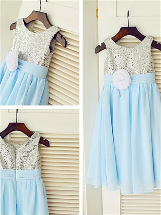 Sleeveless Sequin A-line/Princess Tea-Length Chiffon Scoop Flower Girl Dresses