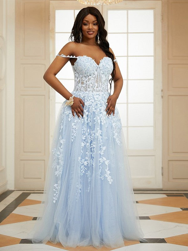 Sleeveless Off-the-Shoulder Tulle A-Line/Princess Applique Sweep/Brush Train Dresses