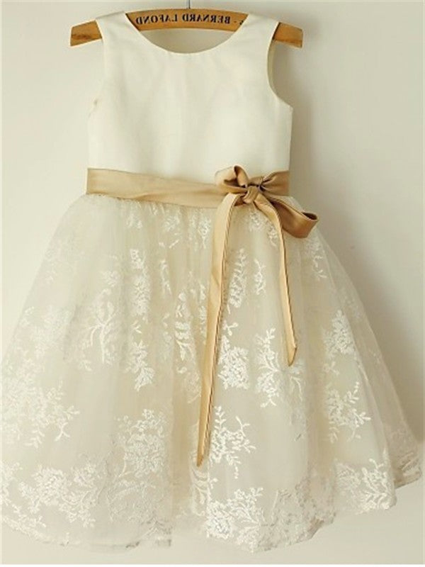 Tea-Length Lace Sleeveless Scoop A-line/Princess Bowknot Flower Girl Dresses