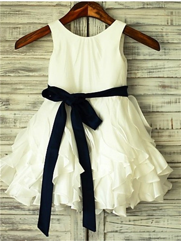 Tea-Length Bowknot A-line/Princess Scoop Sleeveless Taffeta Flower Girl Dresses