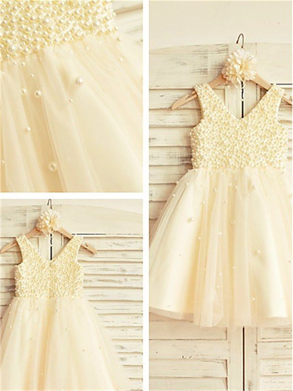 A-line/Princess Sleeveless V-neck Pearls Tea-Length Tulle Flower Girl Dresses