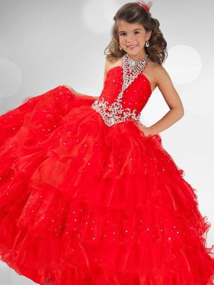 Long Gown Rhinestone Sequin Halter Sleeveless Ball Organza Flower Girl Dresses