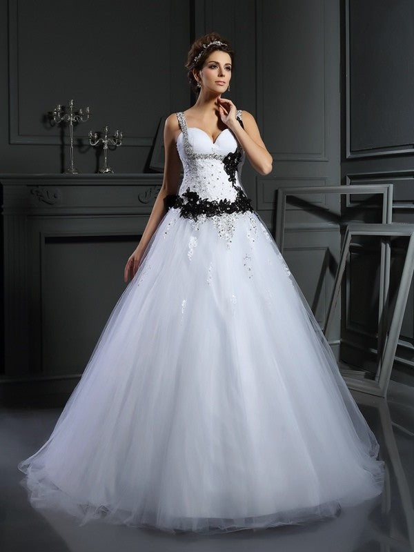 Ball Sleeveless Straps Long Beading Gown Tulle Wedding Dresses