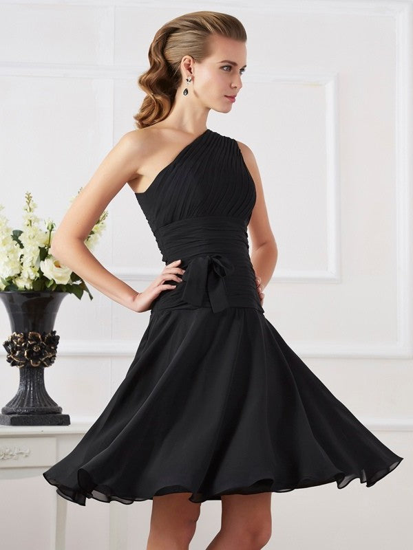 Short Sleeveless Pleats A-Line/Princess One-Shoulder Chiffon Homecoming Dresses