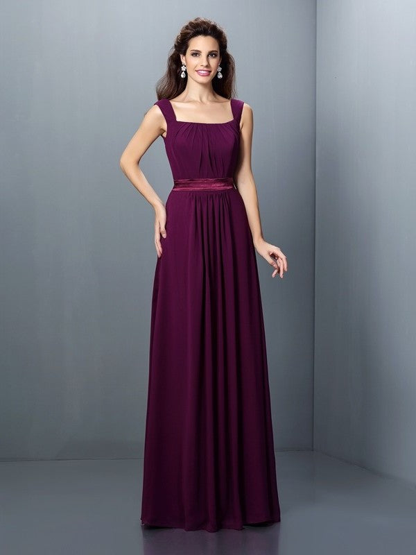 Square Sleeveless Pleats Long A-Line/Princess Chiffon Bridesmaid Dresses