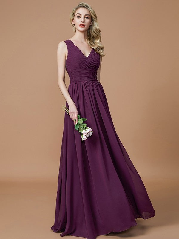 V-neck A-Line/Princess Floor-Length Sleeveless Chiffon Bridesmaid Dresses