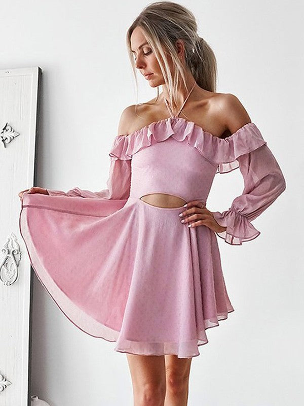 A-Line/Princess Marissa Ruffles Off-the-Shoulder Chiffon Long Sleeves Short/Mini Dresses Homecoming Dresses