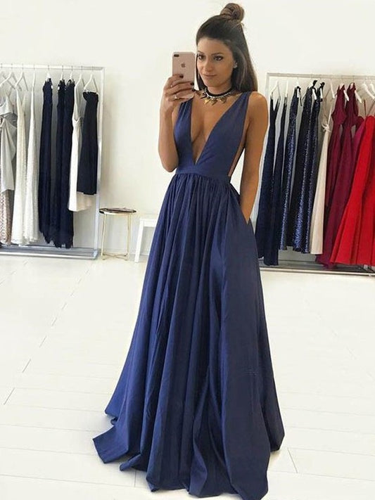 V-neck A-Line/Princess Sleeveless Floor-Length Taffeta Dresses