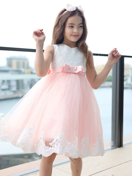 Sleeveless Short/Mini Bowknot A-Line/Princess Lace Scoop Flower Girl Dresses