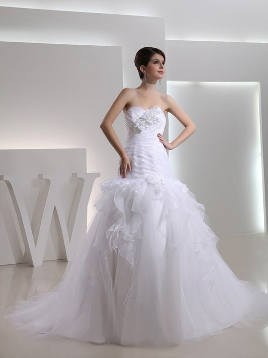 Trumpet/Mermaid Sleeveless Flower Hand-made Sweetheart Organza Wedding Dresses