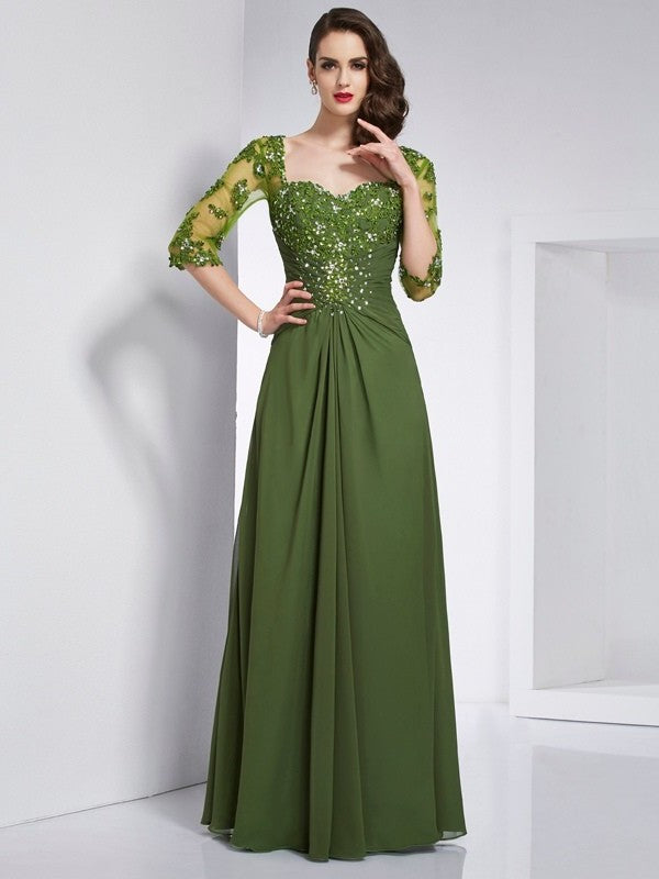 Beading A-Line/Princess Sweetheart Sleeves 3/4 Long Chiffon Dresses