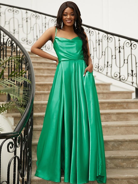 Sleeveless Silk like Satin A-Line/Princess Straps Ruffles Spaghetti Sweep/Brush Train Dresses