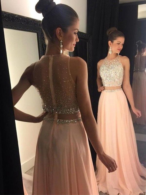 A-Line/Princess Scoop Sleeveless Beading Sweep/Brush Train Chiffon Dresses