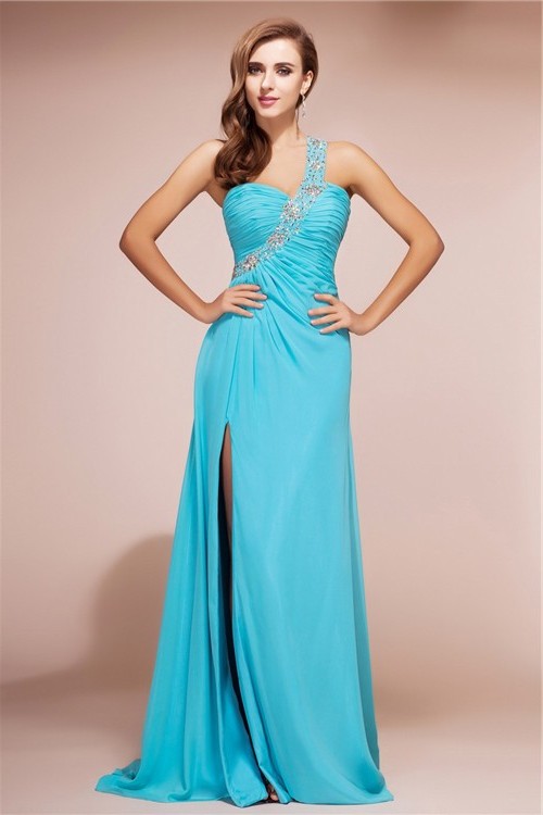 Beading Slit One Sheath/Column Sleeveless Shoulder Long Chiffon Dresses