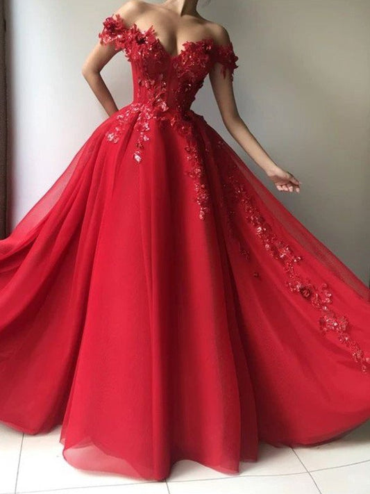 Off-the-Shoulder Tulle A-Line/Princess Sleeveless Applique Floor-Length Dresses