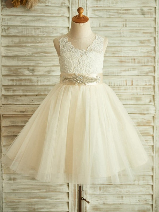 Scoop A-Line/Princess Lace Sleeveless Tulle Tea-Length Flower Girl Dresses