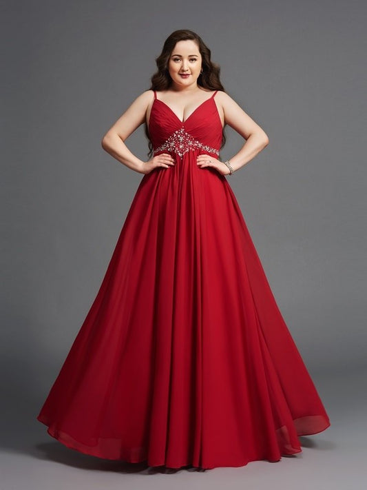 Spaghetti Chiffon Long Sleeveless Straps A-Line/Princess Beading Plus Size Dresses