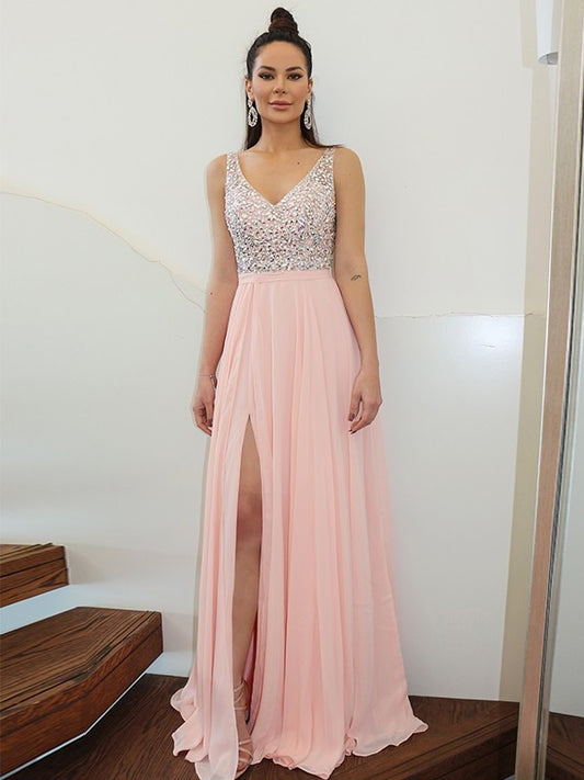 Beading Sleeveless Straps A-Line/Princess Chiffon Floor-Length Dresses