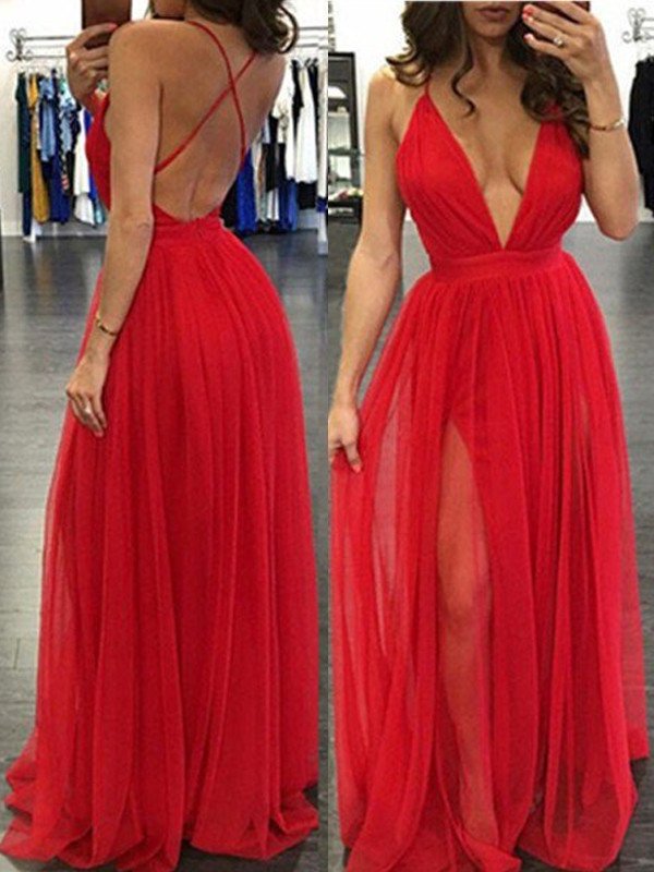 A-Line/Princess Sleeveless Straps Spaghetti Floor-Length Chiffon Dresses