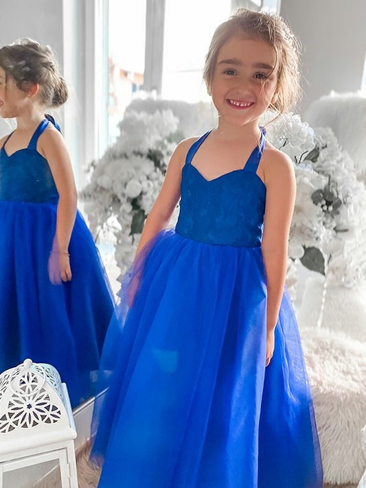 Sleeveless Halter Tulle Tea-Length Ruffles A-Line/Princess Flower Girl Dresses