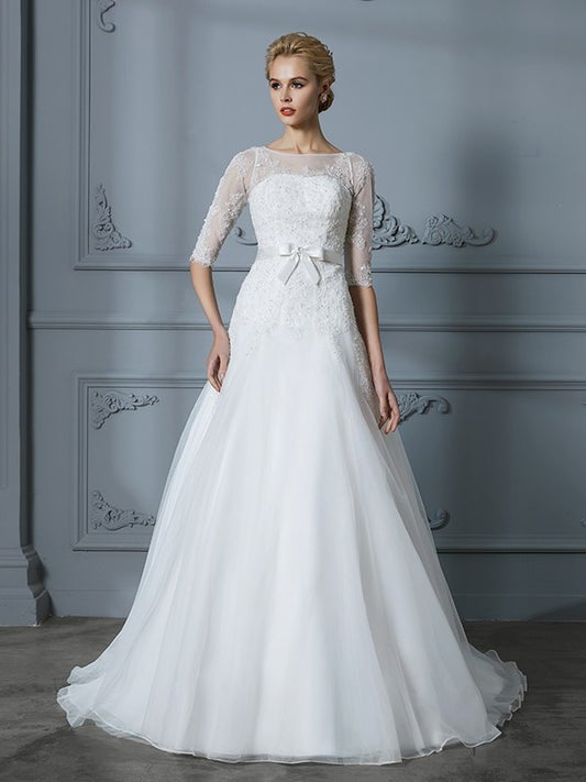 Train Sleeves 1/2 Lace Court A-Line/Princess Scoop Tulle Wedding Dresses