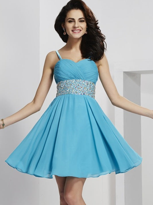 Straps Sleeveless A-Line/Princess Short Rhinestone Spaghetti Chiffon Homecoming Dresses