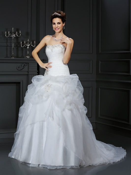 Strapless Long Ball Gown Sleeveless Beading Organza Wedding Dresses