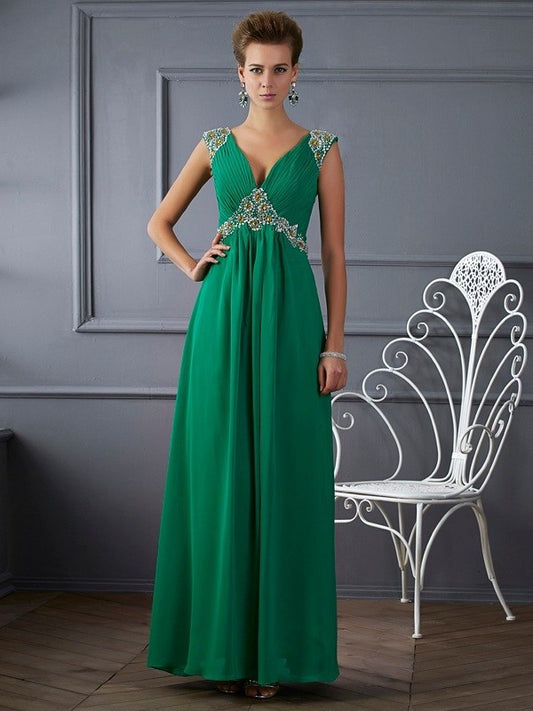 Beading A-Line/Princess Short V-neck Sleeves Long Chiffon Dresses