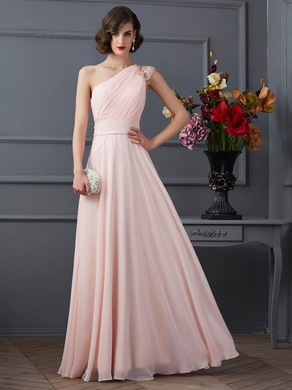 One-Shoulder Long Sleeveless A-Line/Princess Beading Chiffon Dresses