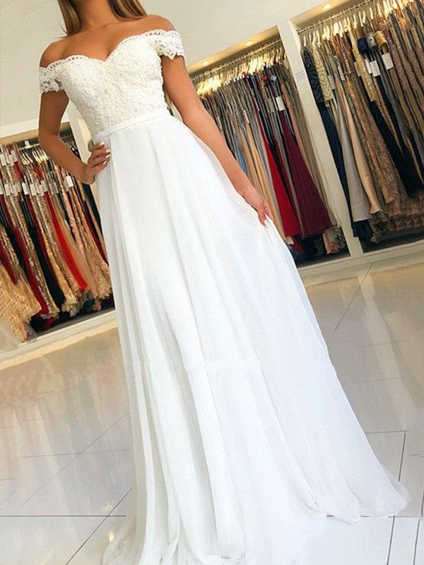 A-Line/Princess Off-the-Shoulder Sleeveless Floor-Length Applique Chiffon Dresses