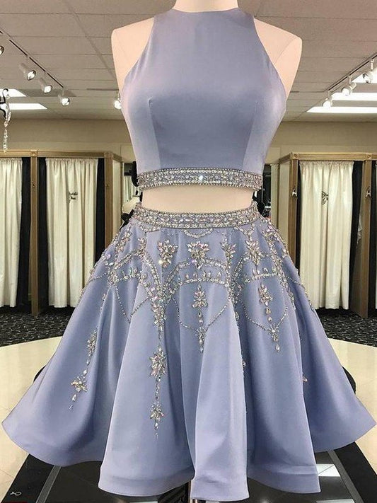 Short/Mini Beading Bateau Satin Sleeveless A-Line/Princess Two Piece Dresses