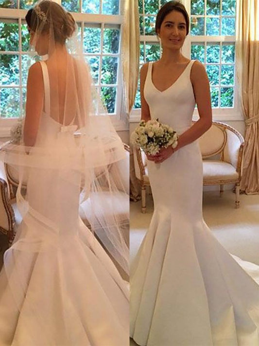 Trumpet/Mermaid V-neck Satin Sweep/Brush Sleeveless Train Wedding Dresses