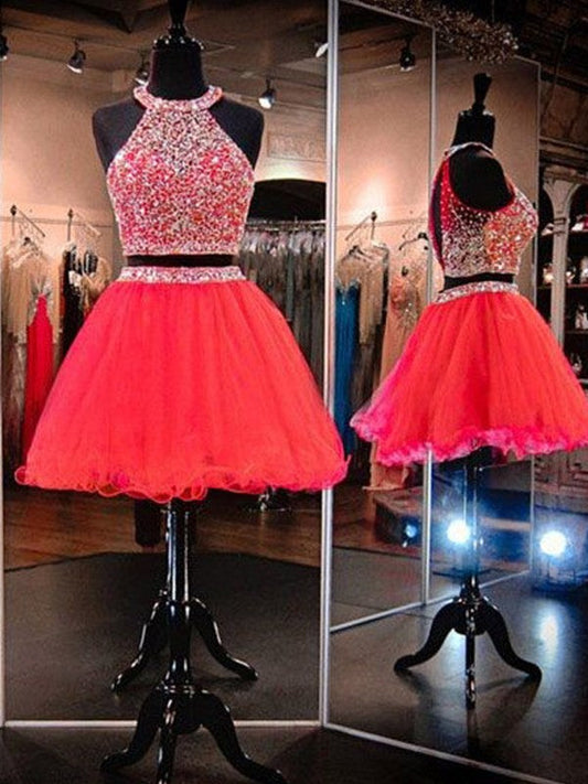 A-Line/Princess Sleeveless Homecoming Dresses Halter Tulle Beading Short/Mini Elise Two Piece Dresses