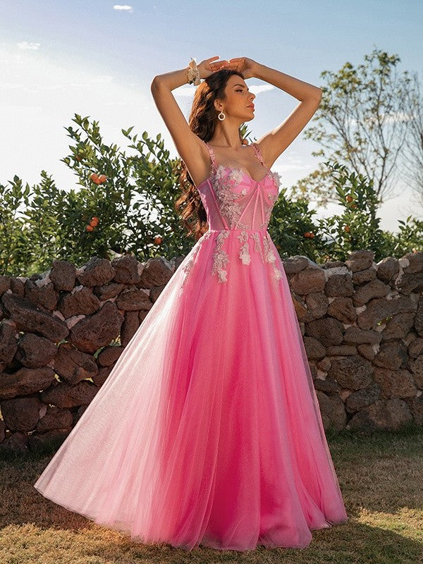 Tulle Straps Applique A-Line/Princess Sleeveless Floor-Length Dresses