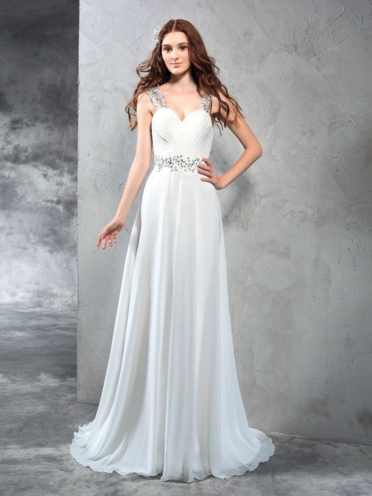 Sweetheart Long Pleats Sleeveless A-Line/Princess Chiffon Wedding Dresses