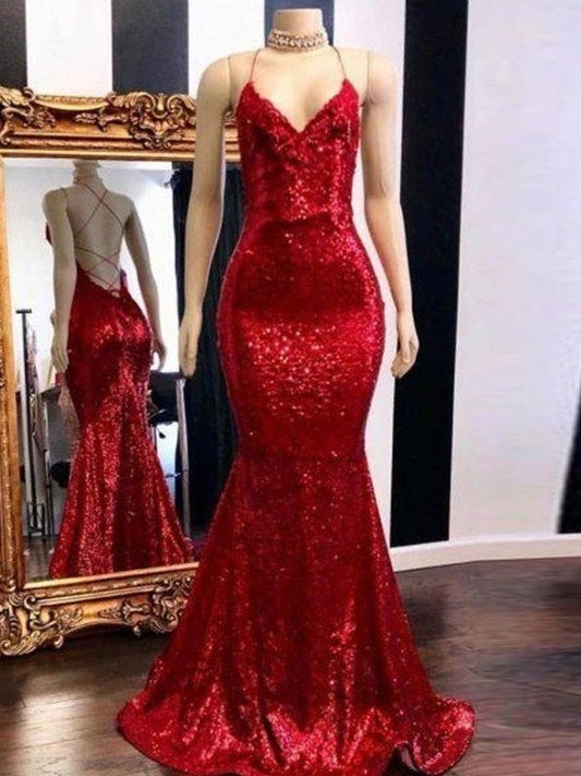 Straps Spaghetti Trumpet/Mermaid Train Sweep/Brush Sleeveless Sequins Dresses