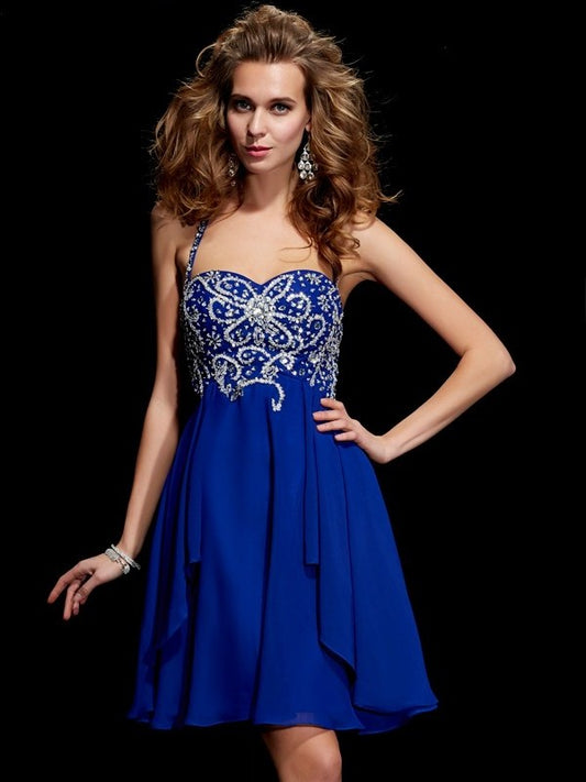 Short Beading Sleeveless A-Line/Princess Halter Chiffon Homecoming Dresses