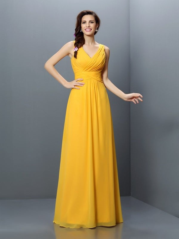 V-neck Long Sleeveless A-Line/Princess Pleats Chiffon Bridesmaid Dresses