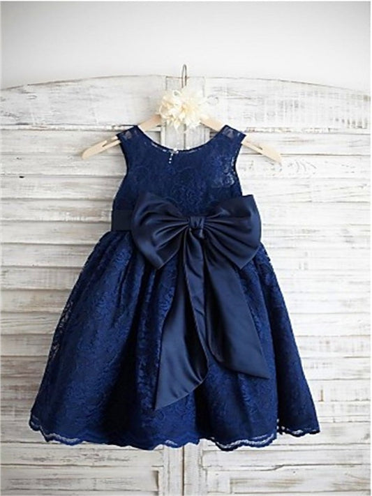 Scoop A-line/Princess Bowknot Tea-Length Lace Sleeveless Flower Girl Dresses