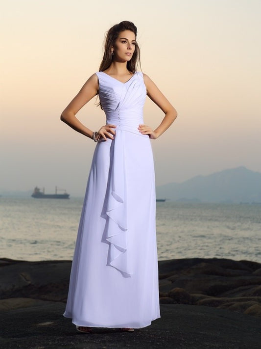 Long V-neck Sleeveless Pleats A-Line/Princess Chiffon Beach Wedding Dresses