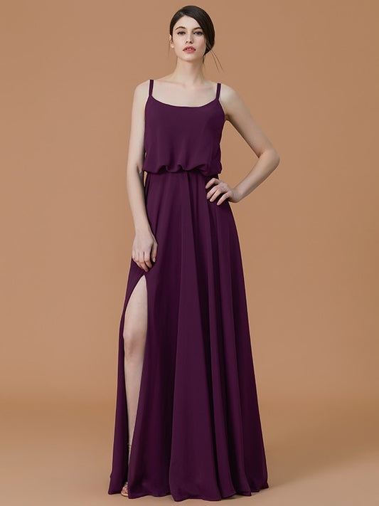 Spaghetti Ruffles Straps Sleeveless A-Line/Princess Floor-Length Chiffon Bridesmaid Dresses