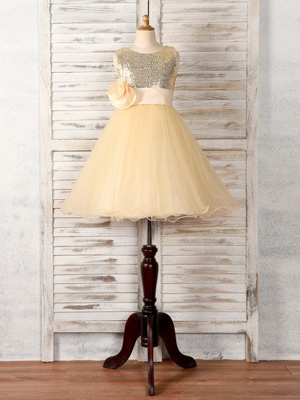 Tea-Length Sleeveless Hand-Made Scoop Tulle A-Line/Princess Flower Flower Girl Dresses