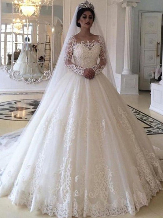 Sleeves Long Sweep/Brush Applique Ball Off-the-Shoulder Gown Tulle Train Wedding Dresses