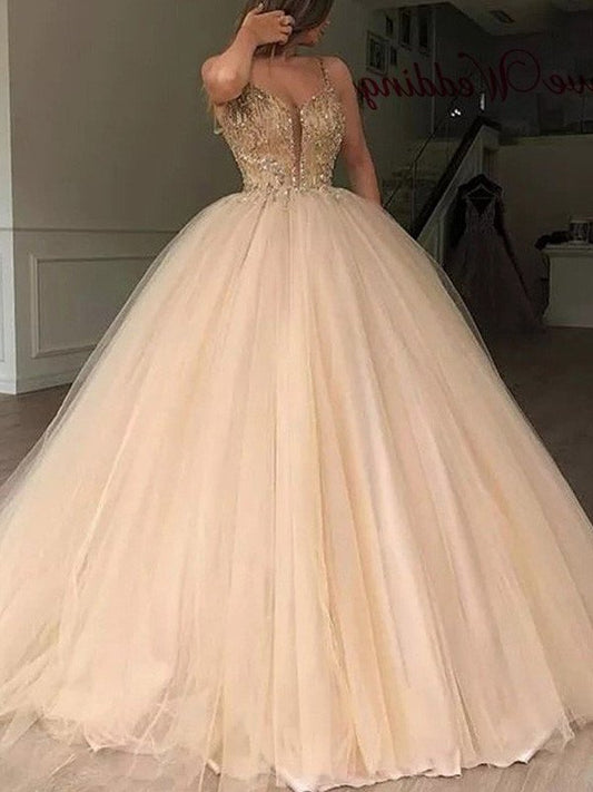 V-neck Ball Sleeveless Gown Tulle Beading Floor-Length Dresses